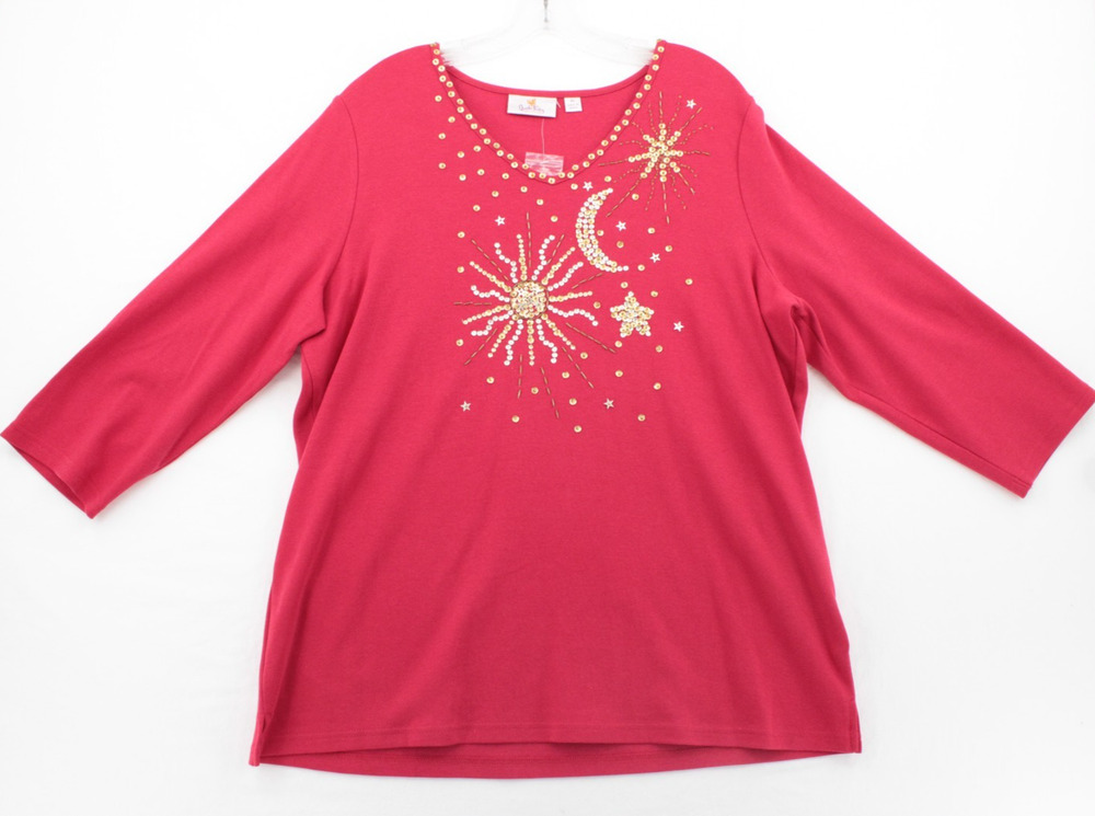 Quacker Factory Top Womens XL Red Moon Stars Beaded Embellished 3/4 Sleeve